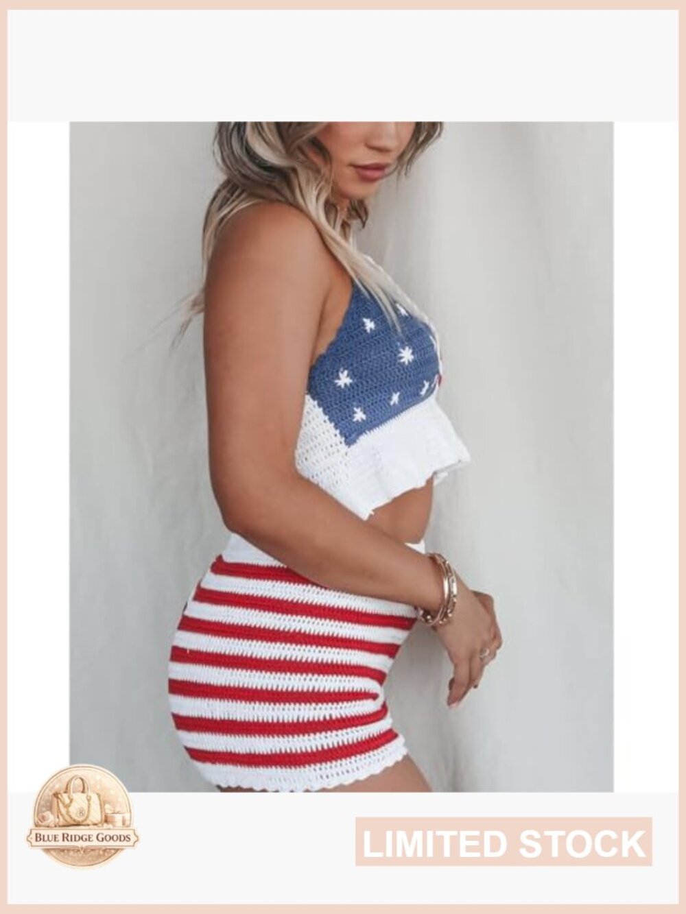 American Flag Knitted 2 Piece Set V Neck Cropped Cami and Shorts Patriotic - Picture 3 of 7